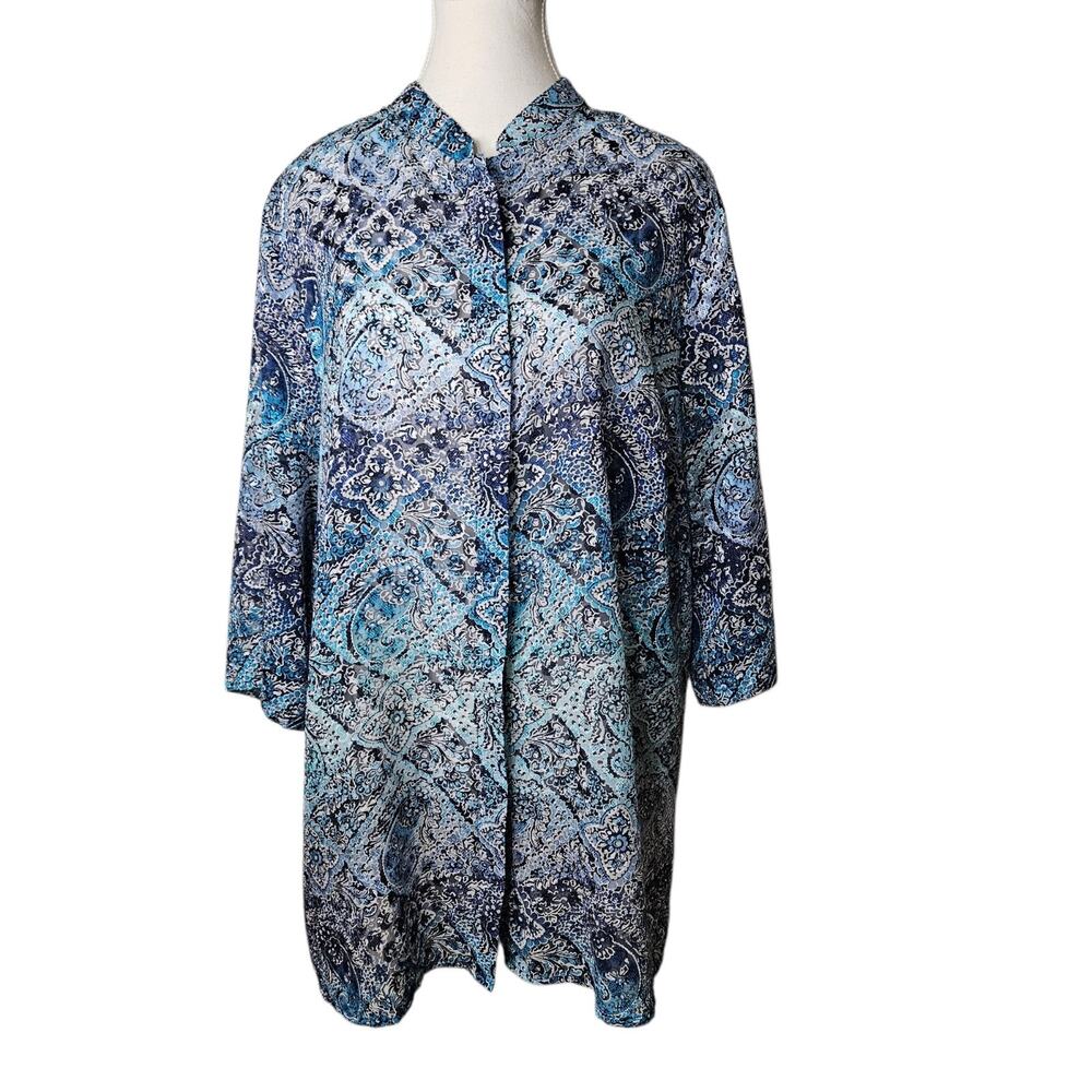 Maggie Barnes Top Size 0X Blue Floral Geometric Flowy Sheer 3/4 Sleeves 14/16W